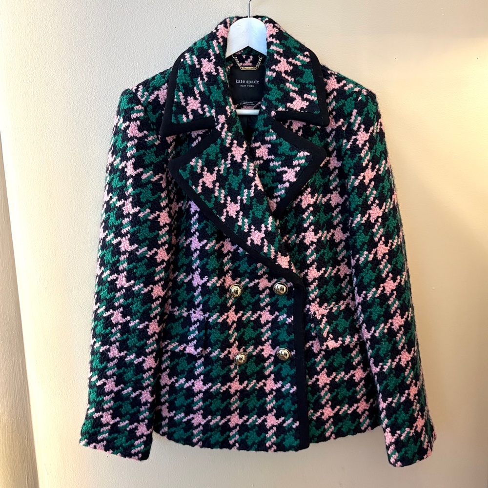 Kate Spade Green Pink Houndstooth Tweed Double breasted Pea Coat Blazer Jacket L